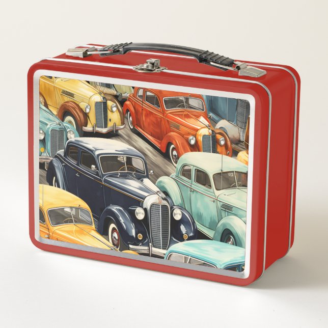 Vintage Cars Pattern Metal Lunch Box (Front)