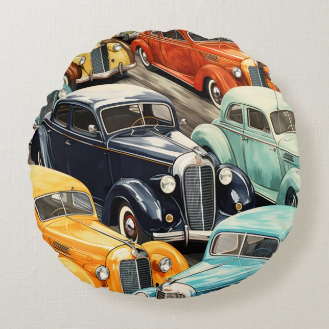 Vintage Cars Pattern Round Pillow (Front)