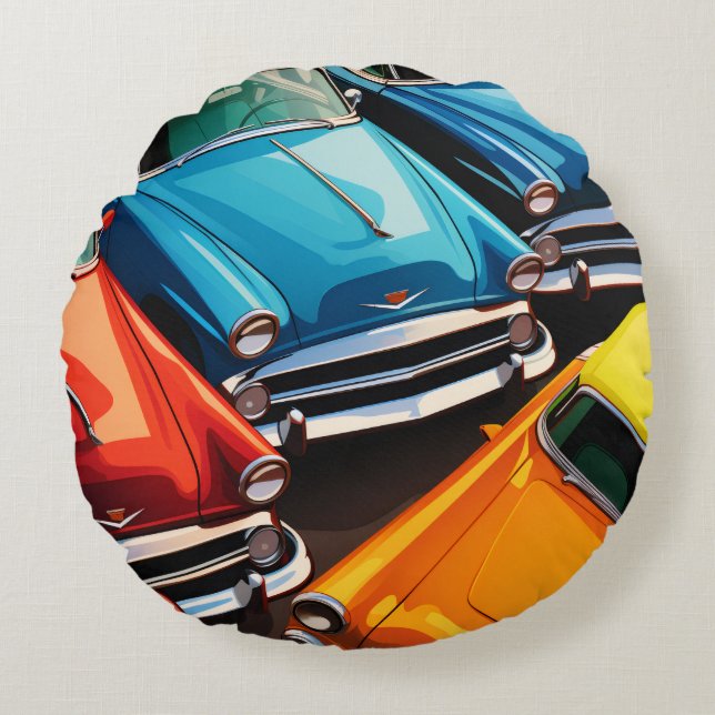 Vintage Cars Pattern Round Pillow (Front)