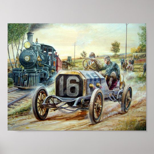 Vintage Cars Racing Scene Train Painting Poster Zazzle Ca