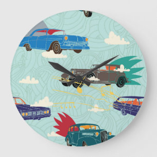 Vintage Cars: Sky Clouds Pattern Large Clock