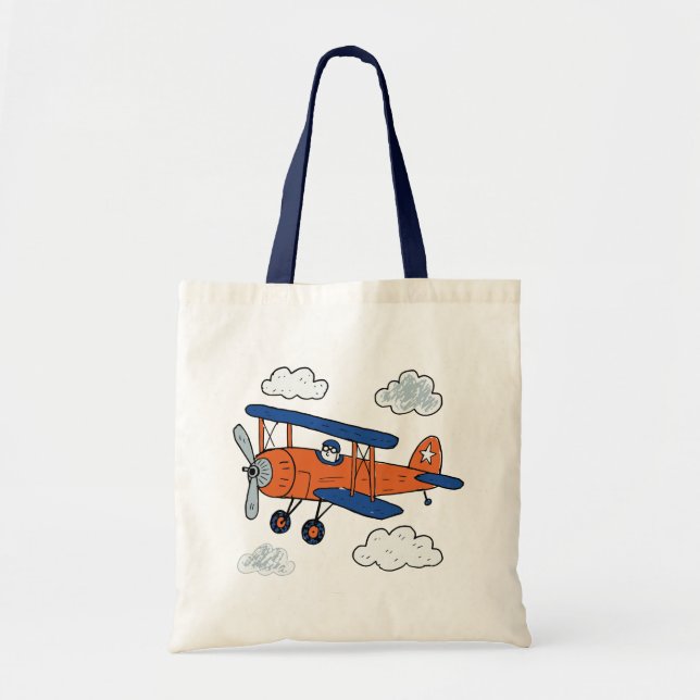 Vintage Cartoon Biplane Adventure Tote Bag (Front)