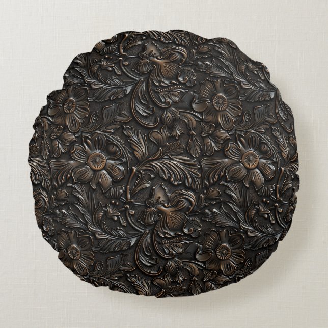 Vintage carved dark brown leather  round pillow (Front)