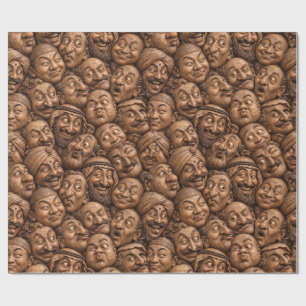 Vintage Carved Wooden Faces Abstract Pattern Wrapping Paper