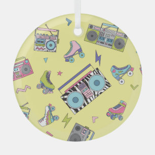 Vintage cassette, roller skates: retro glass ornament