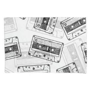 Vintage Cassettes: Engraved White Pattern. Pillowcase