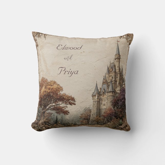 Vintage Castle Autumn Oak Tree Romantic Wedding Throw Pillow (Front)