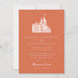 Vintage Castle Drawing Terracotta Orange Wedding Invitation
