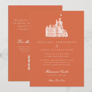 Vintage Castle Drawing Terracotta QR Code Wedding Invitation