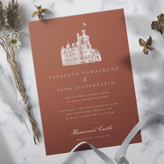 Vintage Castle Illustration Burnt Orange Wedding Invitation (Burnt orange wedding invitation with an illustration of a castle)