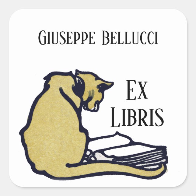 Vintage Cat and Book Ex Libris Bookplate Sticker (Front)