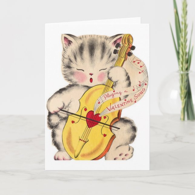 Vintage Cat and Cello Valentine Holiday Card (Front)