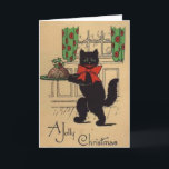 Vintage - Cat and Christmas Pudding, Holiday Card<br><div class="desc">A vintage Christmas card image features a black cat wearing a red bow who is walking on hind legs across a kitchen. The cat is carrying a platter with a delicious Christmas pudding and smiling at the thought of eating it. The front of the card says "A Jolly Christmas" and...</div>