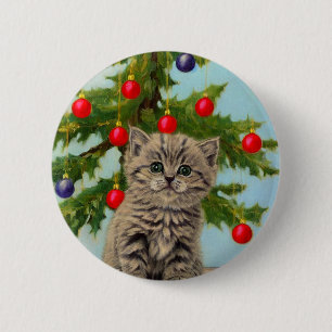 Vintage Cat and Christmas Tree 2 Inch Round Button