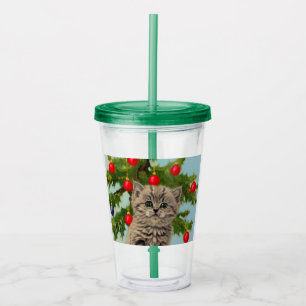 Vintage Cat and Christmas Tree Acrylic Tumbler