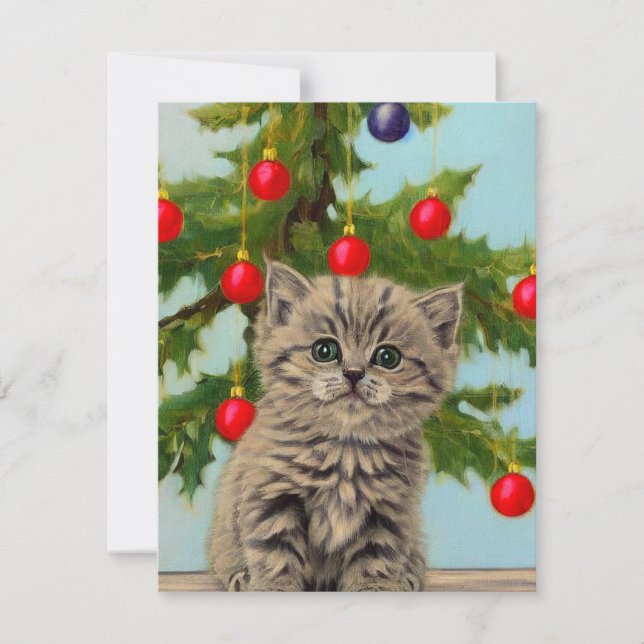Vintage Cat and Christmas Tree Card (Front)
