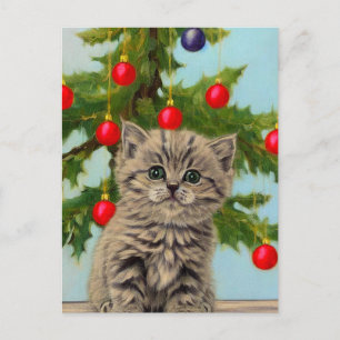Vintage Cat and Christmas Tree Holiday Postcard