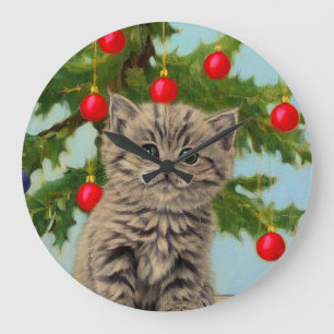Vintage Cat and Christmas Tree Large Clock