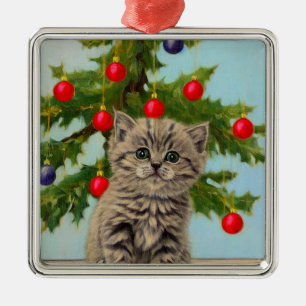 Vintage Cat and Christmas Tree Metal Ornament