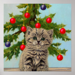 Vintage Cat and Christmas Tree Poster