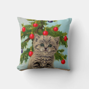 Vintage Cat and Christmas Tree Throw Pillow