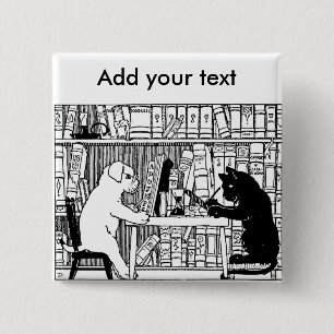 Vintage Cat and Dog Library Bookish Literary 2 Inch Square Button