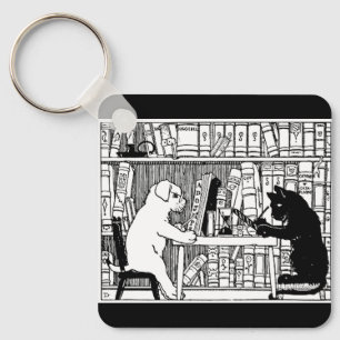 Vintage Cat and Dog Library Bookish Literary Keychain