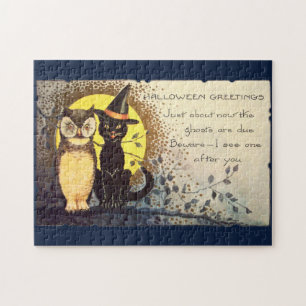 Vintage Cat and Owl - Halloween Jigsaw Puzzle