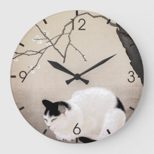 Vintage Cat and Plum Blossoms Japanese Art Large Clock