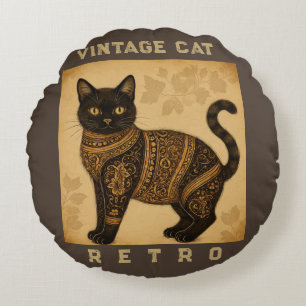 Vintage Cat, Antique Cat,and Motif Pattern  Round Pillow