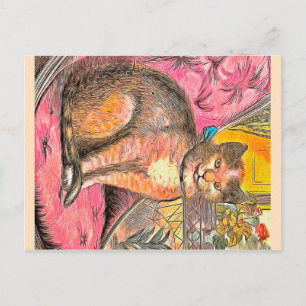 Vintage Cat Art Picture  Cute Cat Design Announcement Postcard