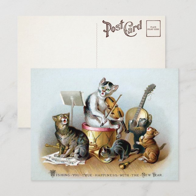 Vintage Cat Band New Year Postcard (Front/Back)
