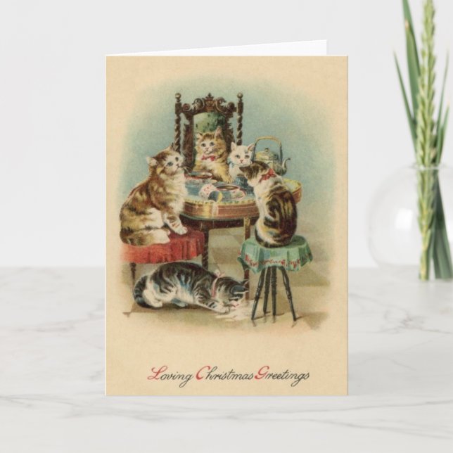 Vintage Cat Breakfast Christmas Card (Front)