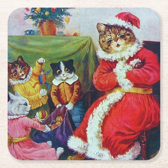 Vintage Cat Christmas, Louis Wain Square Paper Coaster (Front)