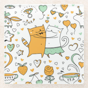 Vintage cat couple: seamless icons. glass coaster