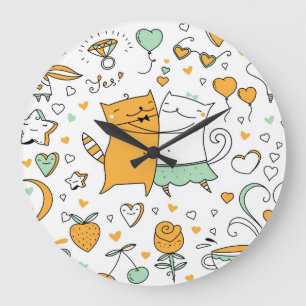 Vintage cat couple: seamless icons. large clock