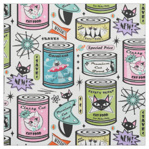 Vintage Cat Food Cans on Pale Grey ©studioxtine Fabric