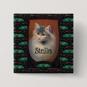 Vintage cat illustration art nouveau elegant 2 inch square button