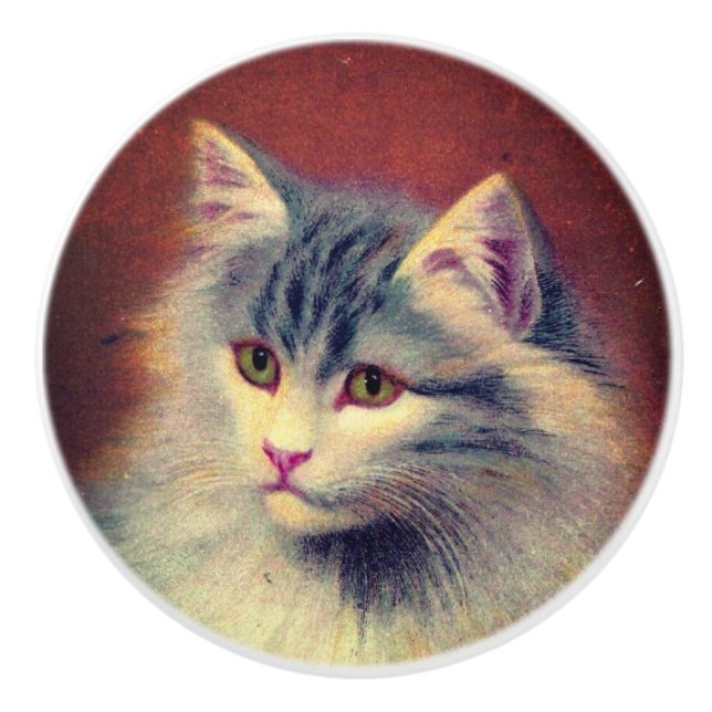 Vintage cat illustration art nouveau elegant ceramic knob (Front)