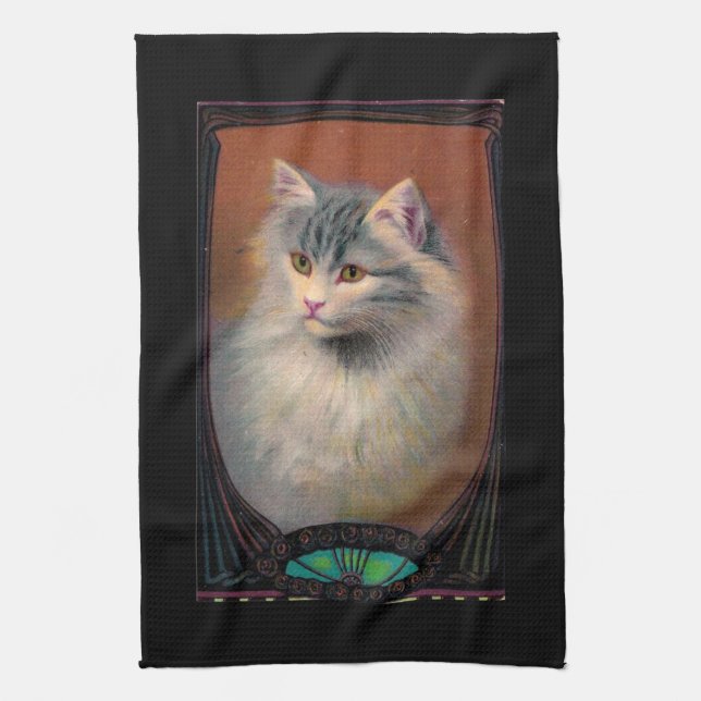 Vintage cat illustration art nouveau elegant kitchen towel (Vertical)