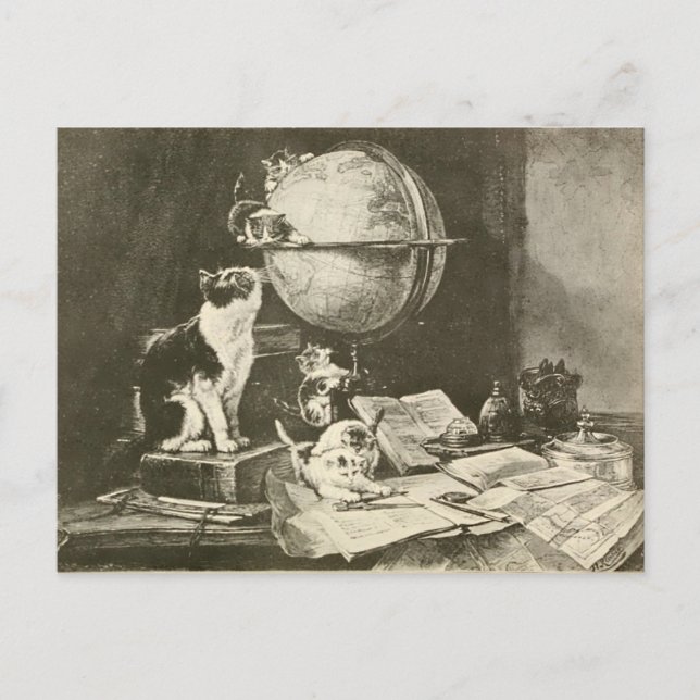 Vintage Cat Illustration, Desk with Books & Papers Postcard (Front)