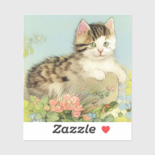 Vintage Cat Illustration with Pink Flowers