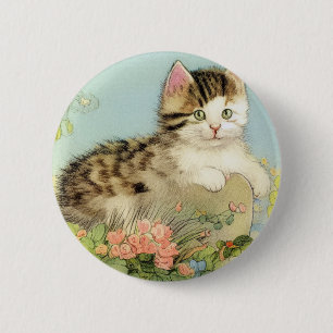 Vintage Cat Illustration with Pink Flowers 2 Inch Round Button