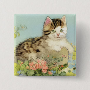 Vintage Cat Illustration with Pink Flowers 2 Inch Square Button