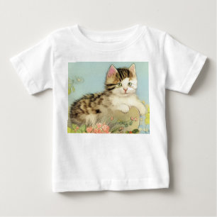 Vintage Cat Illustration with Pink Flowers Baby T-Shirt