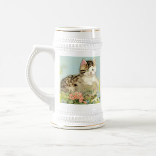 Vintage Cat Illustration with Pink Flowers Beer Stein