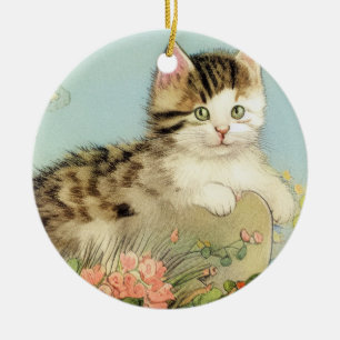 Vintage Cat Illustration with Pink Flowers Ceramic Ornament