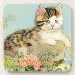Vintage Cat Illustration with Pink Flowers Coaster