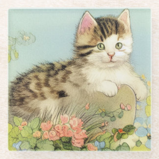 Vintage Cat Illustration with Pink Flowers Glass Coaster
