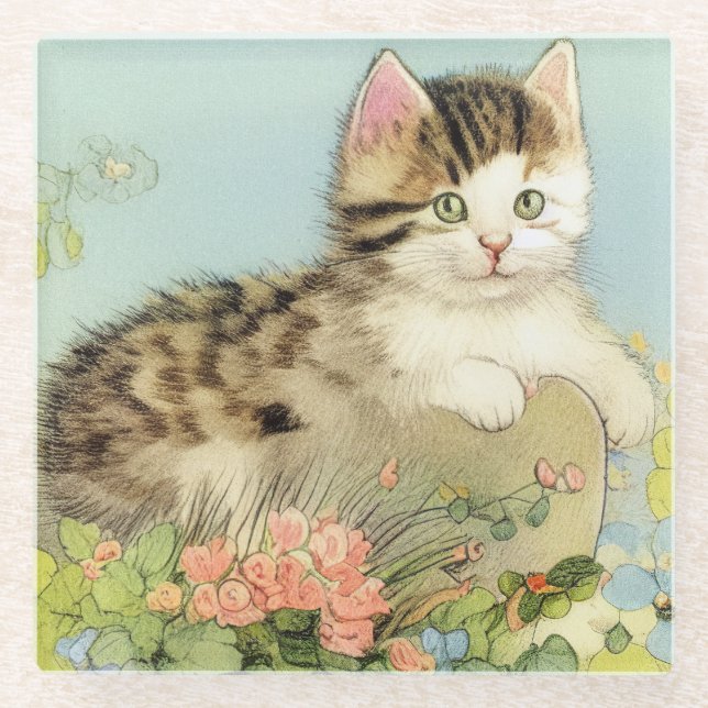Vintage Cat Illustration with Pink Flowers Glass Coaster (Front)